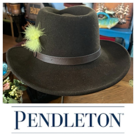 Vintage PENDLETON Brown Wool Cowboy Hat with Leather Band & Feather Accent